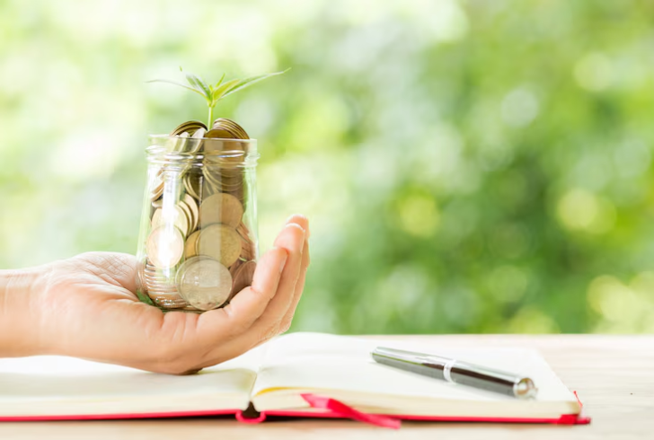 Person hand holding plant growing from coins bottle